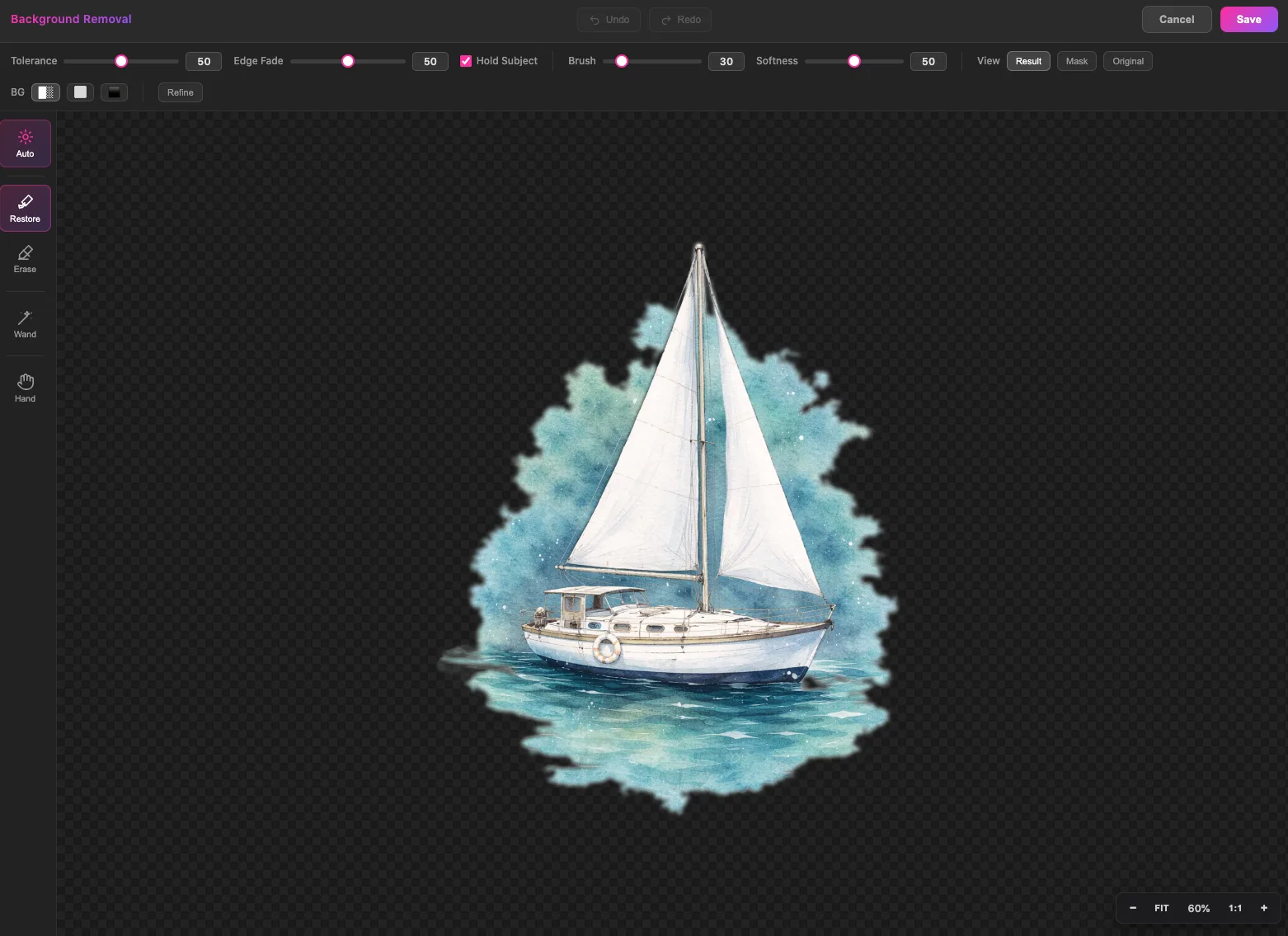 Automatic background removal with tolerance set too high