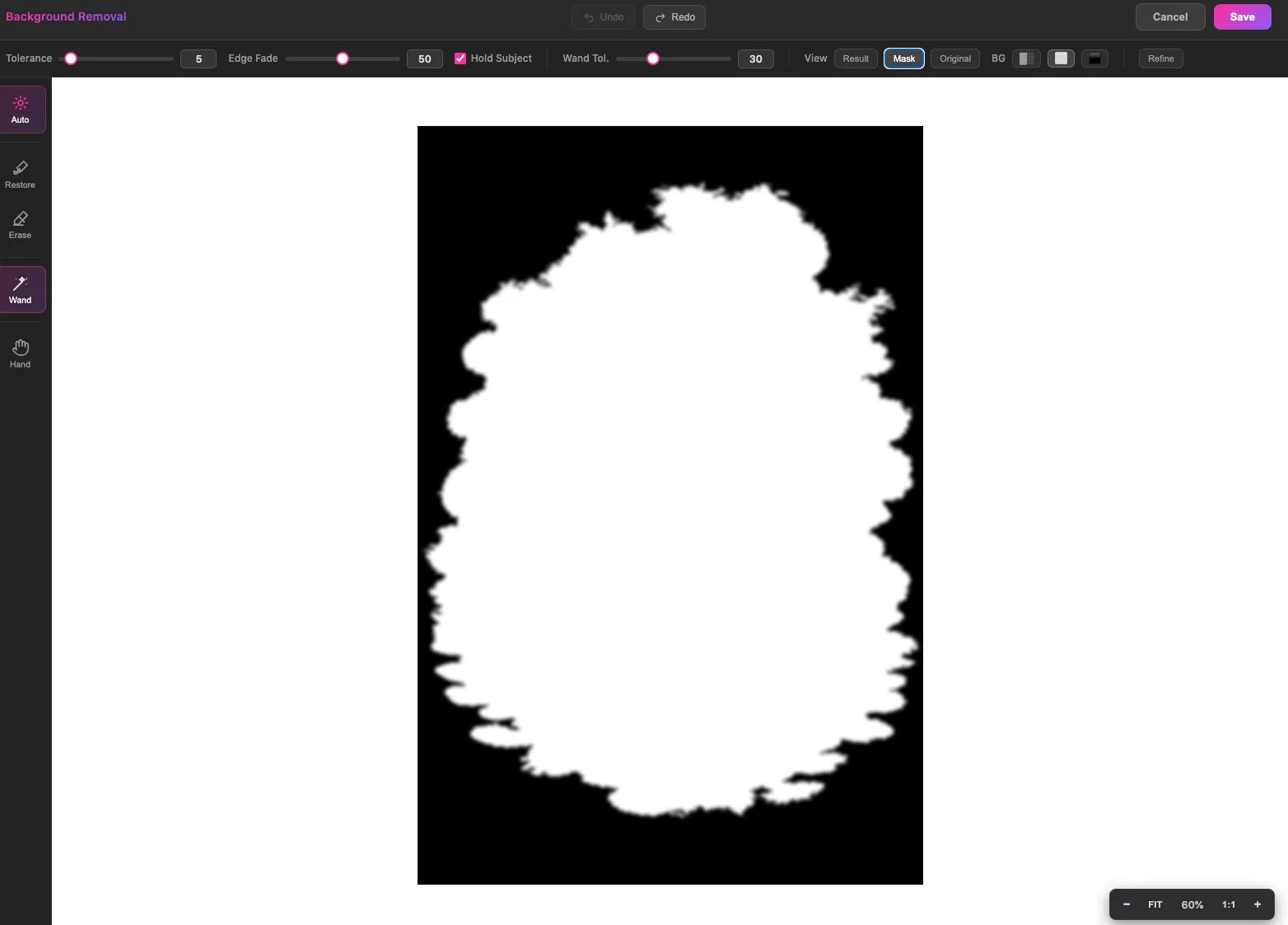 Mask view showing which parts of the image have been removed