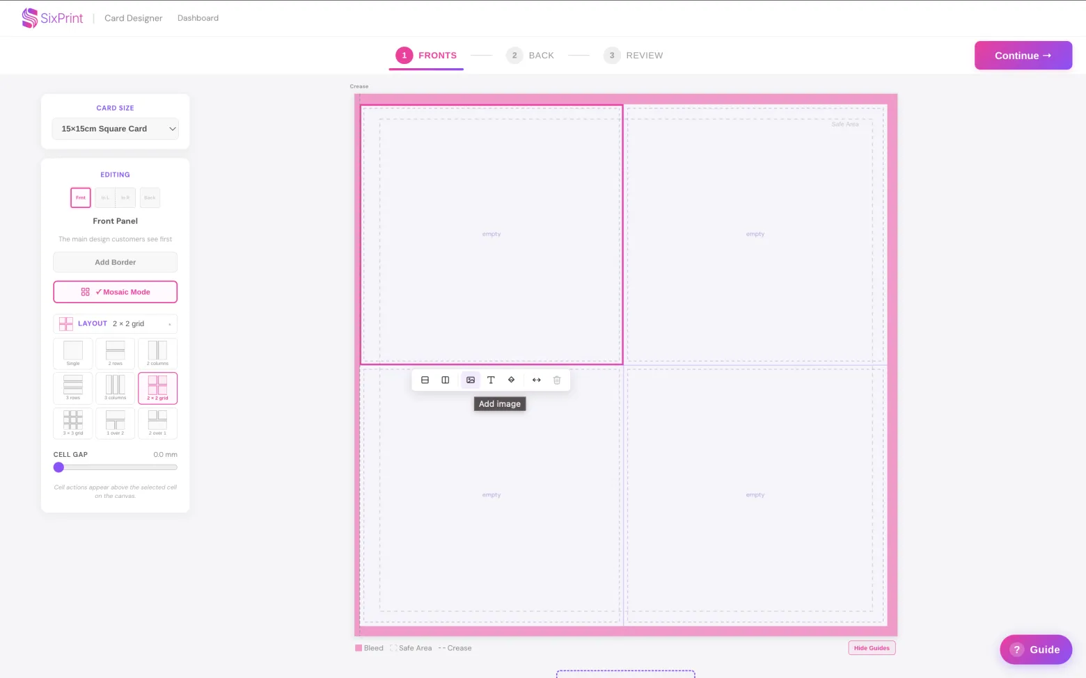 Cell options showing add image, add text and add background colour