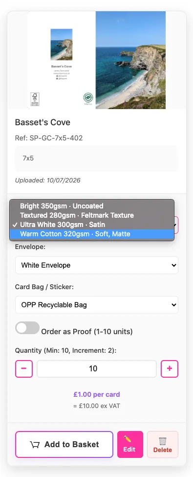 Catalogue showing only paper options that match the card's FSC® logo