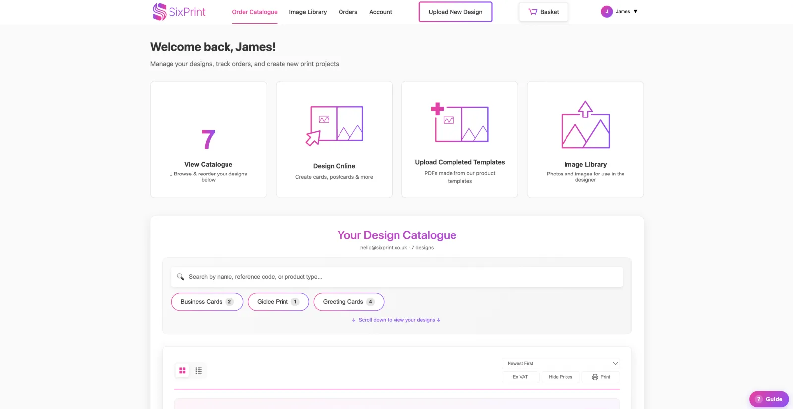 The Sixprint dashboard showing a customer's saved design catalogue, with quick actions to view and reorder the catalogue, design online, upload completed templates and open the image library.